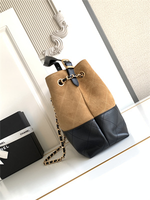 Ch*el small shopping bag suede calfskin, shiny lambskin & gold-tone metal  beige & black  as5634