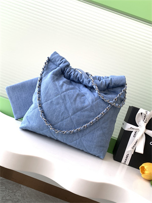 Cha.nel 22 Small Handbag Denim Blue Silver Tone Metal AS3260