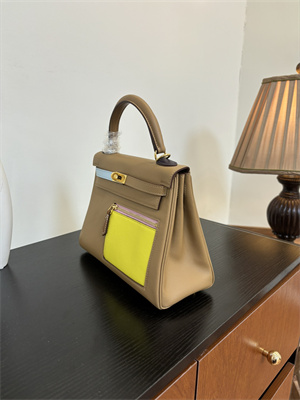 Kelly Colormatic Bag Swift Leather 25/28CM Gold/Silver Hardware In CHAI, LIME, MAUVE SYLVESTRE, BLEU BRUME, CASSIS & NATA Color HS
