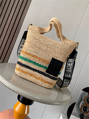 L0ew* slit mini tote bag in raffia &calfskin nature&black