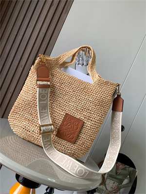 L0ew* slit mini tote bag in raffia &calfskin nature&tan