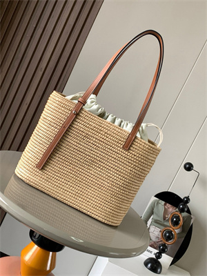 L0ew* small square basket in raffia&calfskin nature/tan