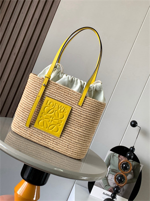 L0ew* small square basket in raffia&calfskin nature/yellow