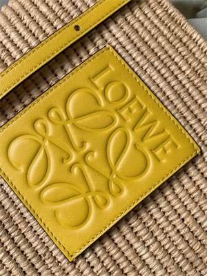 L0ew* small square basket in raffia&calfskin nature/yellow