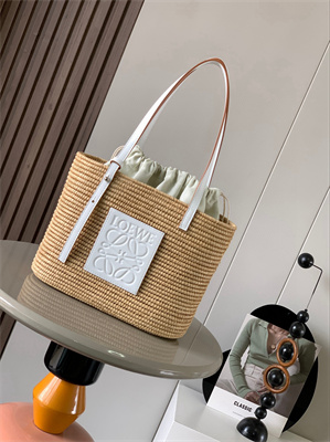 L0ew* small square basket in raffia&calfskin nature/white