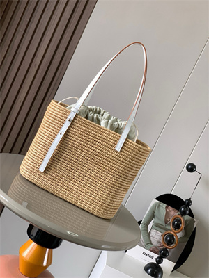 L0ew* small square basket in raffia&calfskin nature/white