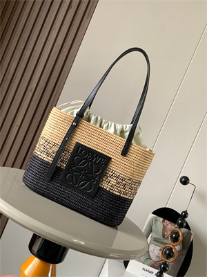 L0ew* small square basket in raffia&calfskin nature/black