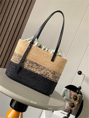 L0ew* small square basket in raffia&calfskin nature/black