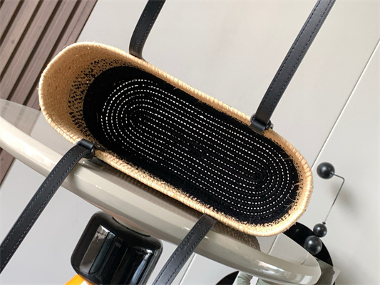 L0ew* small square basket in raffia&calfskin nature/black