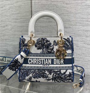 CD Medium Lady D-Lite Bag  Embroidery White &Blue