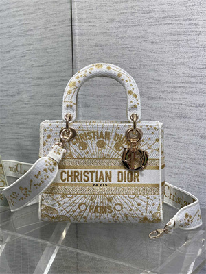CD Medium Lady D-Lite Bag  Embroidery White &Gold