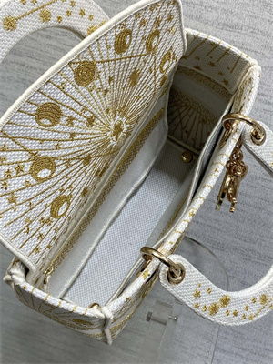 CD Medium Lady D-Lite Bag  Embroidery White &Gold
