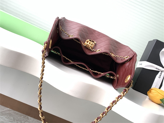 Ch*el 25 small handbag grained calfskin gold tone metal burgundy as5293