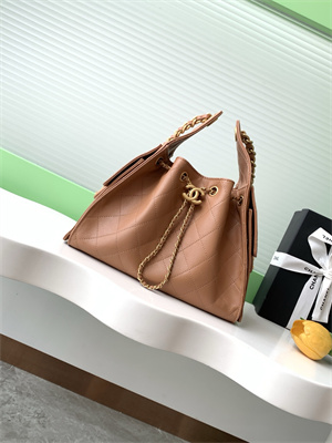 Ch*el 25 small handbag grained calfskin gold tone metal brown as5293