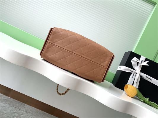 Ch*el 25 small handbag grained calfskin gold tone metal brown as5293