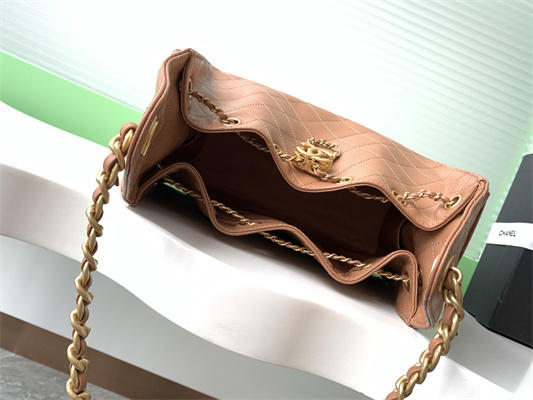 Ch*el 25 small handbag grained calfskin gold tone metal brown as5293