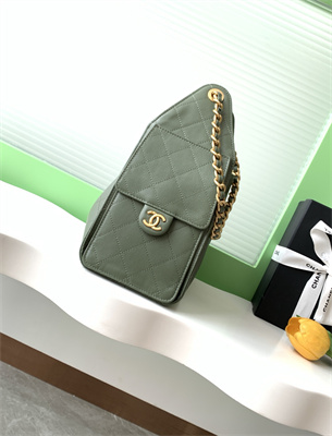 Ch*el 25 small handbag grained calfskin gold tone metal green as5293