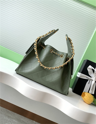 Ch*el 25 small handbag grained calfskin gold tone metal green as5293