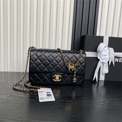Ch*el small flap bag lambskin gold tone metal black as5756