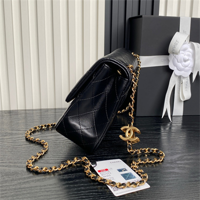 Ch*el small flap bag lambskin gold tone metal black as5756