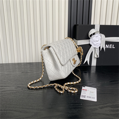 Ch*el small flap bag lambskin gold tone metal white as5756