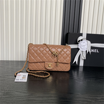 Ch*el small flap bag lambskin gold tone metal brown as5756