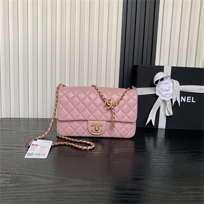 Ch*el small flap bag lambskin gold tone metal pink as5756
