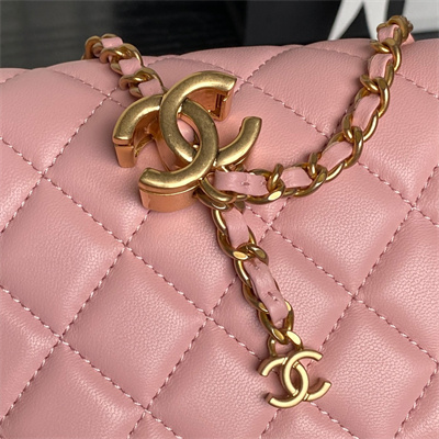 Ch*el small flap bag lambskin gold tone metal pink as5756
