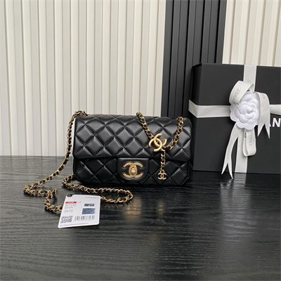 Ch*el mini flap bag lambskin gold tone metal black as5759