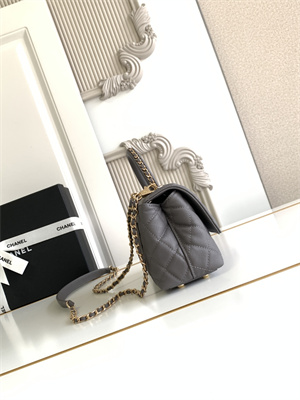 Cha.nel Mini Coco Handle Bag Grained Calfskin Aged Gold Metal Grey AS2215