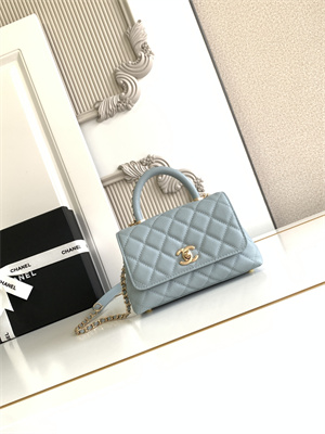 Cha.nel Mini Coco Handle Bag Grained Calfskin Aged Gold Metal Blue AS2215