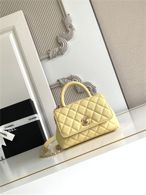 Cha.nel Mini Coco Handle Bag Grained Calfskin Aged Gold Metal Yellow AS2215