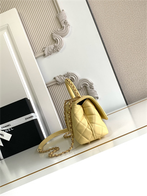 Cha.nel Mini Coco Handle Bag Grained Calfskin Aged Gold Metal Yellow AS2215