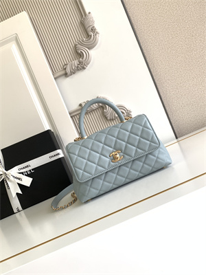 Cha.nel Small Coco Handle Bag Grained Calfskin Aged Gold Metal Blue A92990