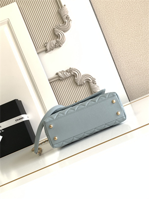 Cha.nel Small Coco Handle Bag Grained Calfskin Aged Gold Metal Blue A92990