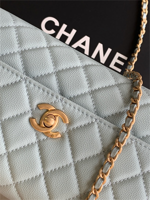 Cha.nel Small Coco Handle Bag Grained Calfskin Aged Gold Metal Blue A92990