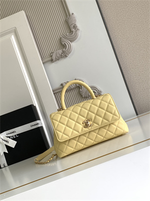 Cha.nel Small Coco Handle Bag Grained Calfskin Aged Gold Metal Yellow A92990