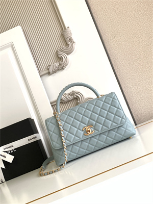 Cha.nel Large Coco Handle Bag Grained Calfskin Aged Gold Metal Blue A92991