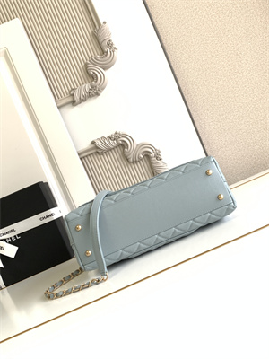 Cha.nel Large Coco Handle Bag Grained Calfskin Aged Gold Metal Blue A92991