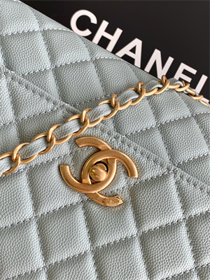 Cha.nel Large Coco Handle Bag Grained Calfskin Aged Gold Metal Blue A92991