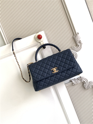 Cha.nel Large Coco Handle Bag Grained Calfskin Aged Gold Metal Navy A92991