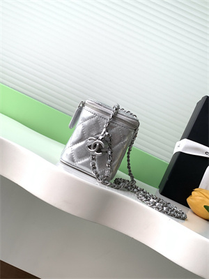 Ch*el vanity case grained calfskin& silver-tone metal silver ap3940
