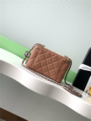 Ch*el vanity case grained calfskin& silver-tone metal brown ap3940