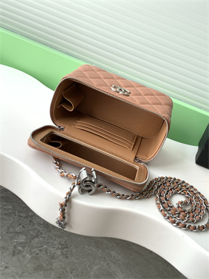Ch*el vanity case grained calfskin& silver-tone metal brown ap3940