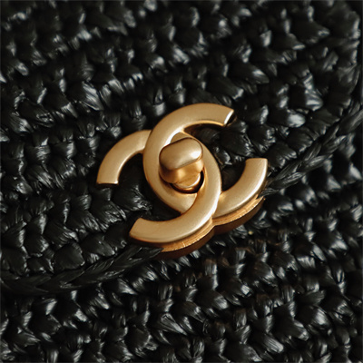 Cha.nel Mini Shopping Bag Kelly Bag Raffia Gold-Tone Metal Black AS4416