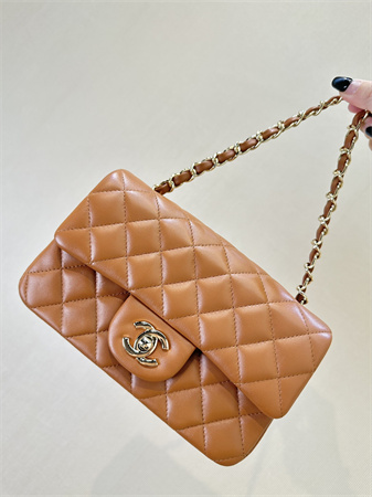 Ch*el mini classic flap bag lambskin gold tone metal caramel color 01116 top