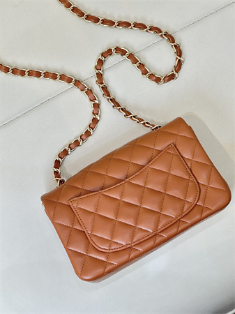 Ch*el mini classic flap bag lambskin gold tone metal caramel color 01116 top