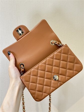 Ch*el mini classic flap bag lambskin gold tone metal caramel color 01116 top