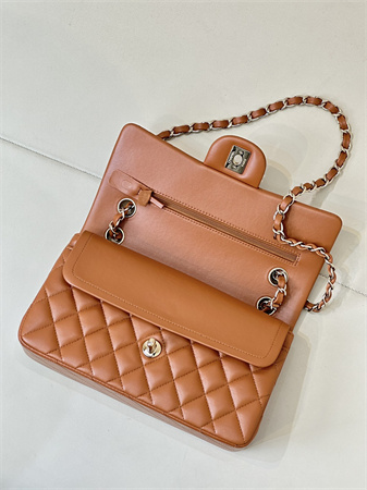 Ch*el small classic flap bag lambskin gold tone metal caramel color 01117 top