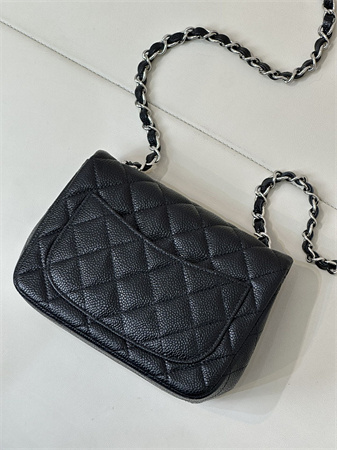 ch*el S*per mini classic flap bag grained calfskin silver tone metal black 01115 top